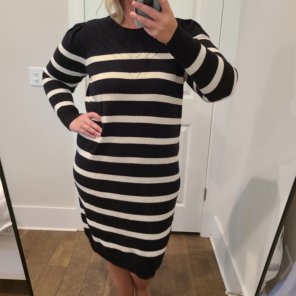 Lane Bryant Black And White Striped Cotton Long Sleeve Knit Sweater Dress